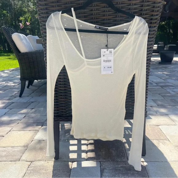 Zara Asymmetrical Sheer Layered Top in Off White Cream Ivory Size Medium NWT - Picture 3 of 5